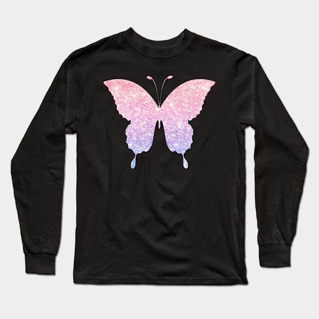 Pastel Pink and Purple Ombre Faux Glitter Butterfly Long Sleeve T-Shirt by Felicity-K